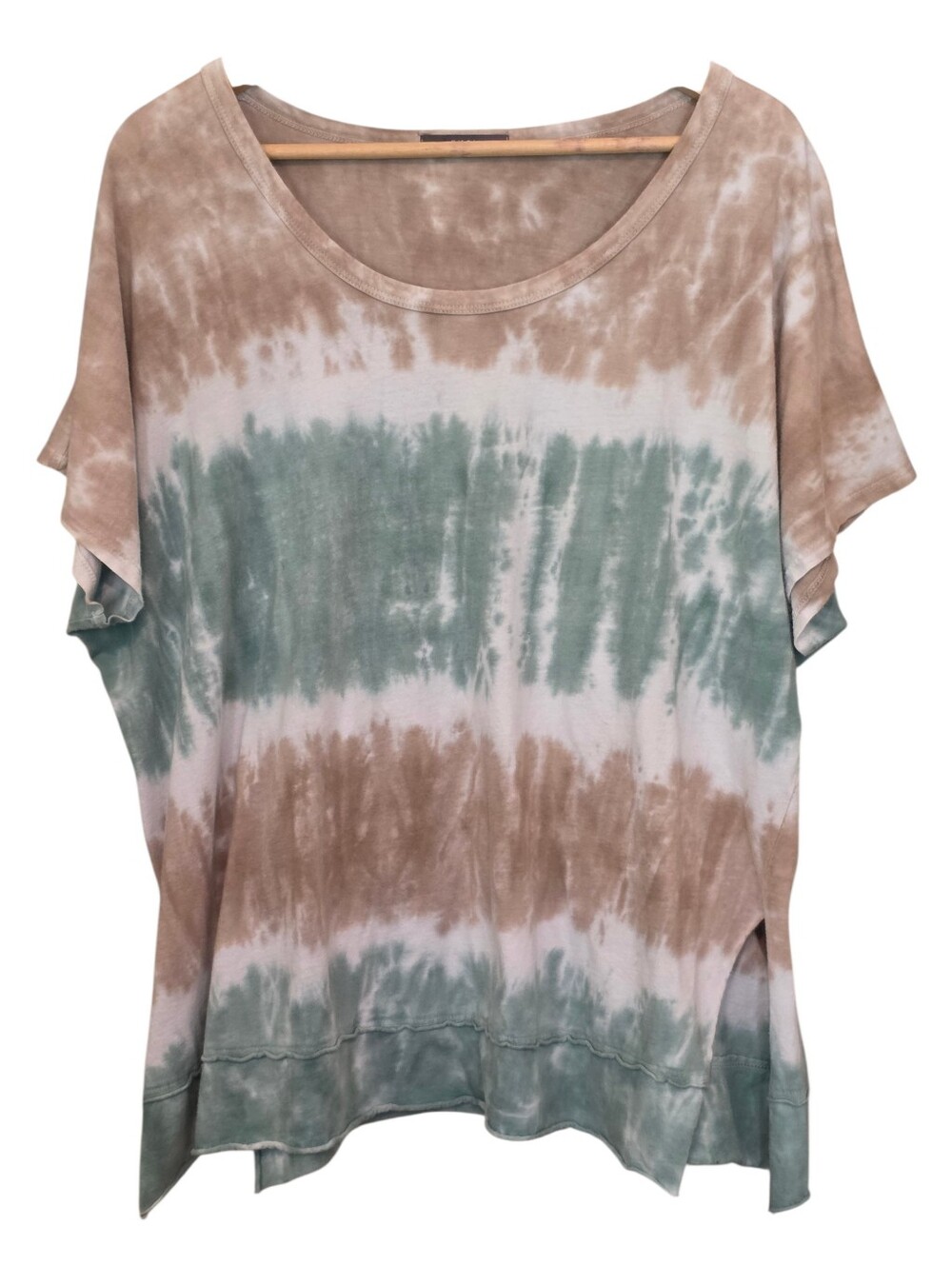 Gyft 100% Cotton Tie-Dye Ruffle & Side Slit Detail T-Shirt Green & Tan Sz L EUC